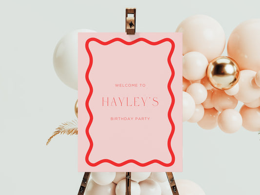 Wavy Border Pink Birthday Sign