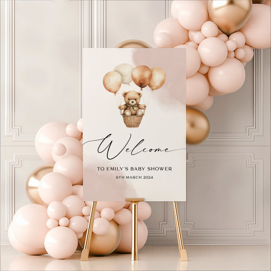 Adorable Bear Holding Balloons Baby Shower Welcome Sign