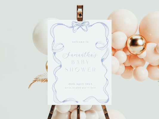 Bow Border Baby Shower Welcome Sign - Dusty Blue